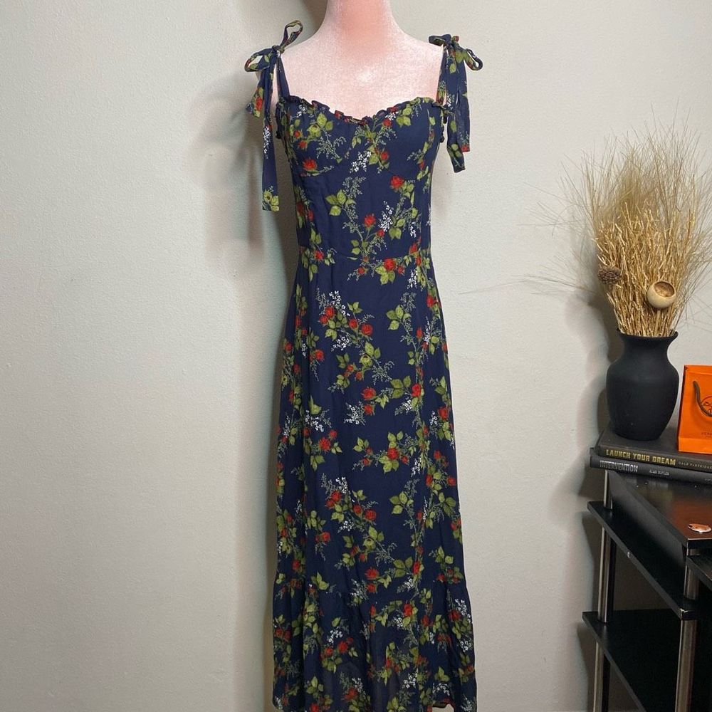 Reformation Dress Nikita Floral Tie Shoulder Midi Dress Navy Blue Size 8